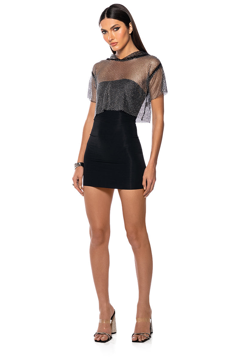 NORTH STAR RHINESTONE MESH HOODED CROP TOP