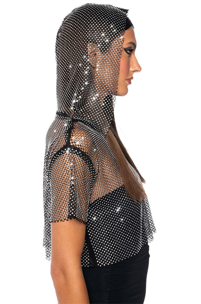 NORTH STAR RHINESTONE MESH HOODED CROP TOP