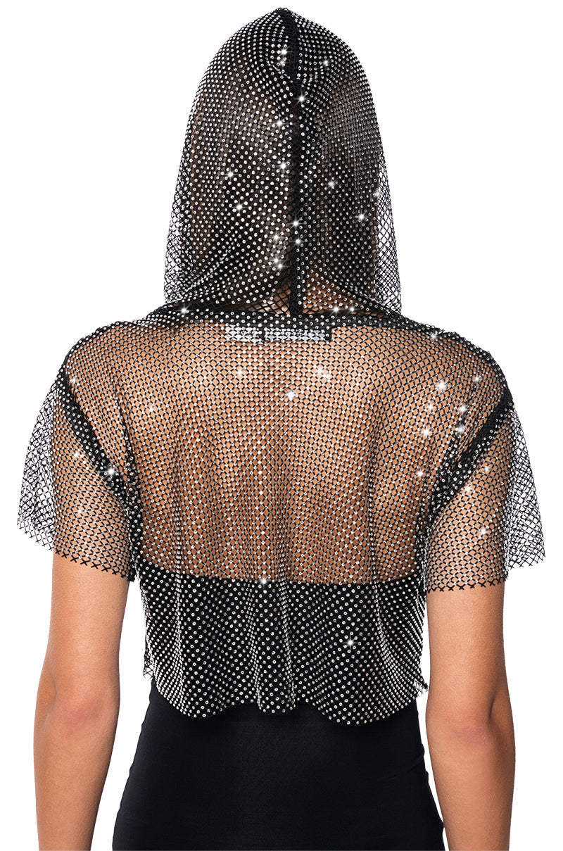 NORTH STAR RHINESTONE MESH HOODED CROP TOP