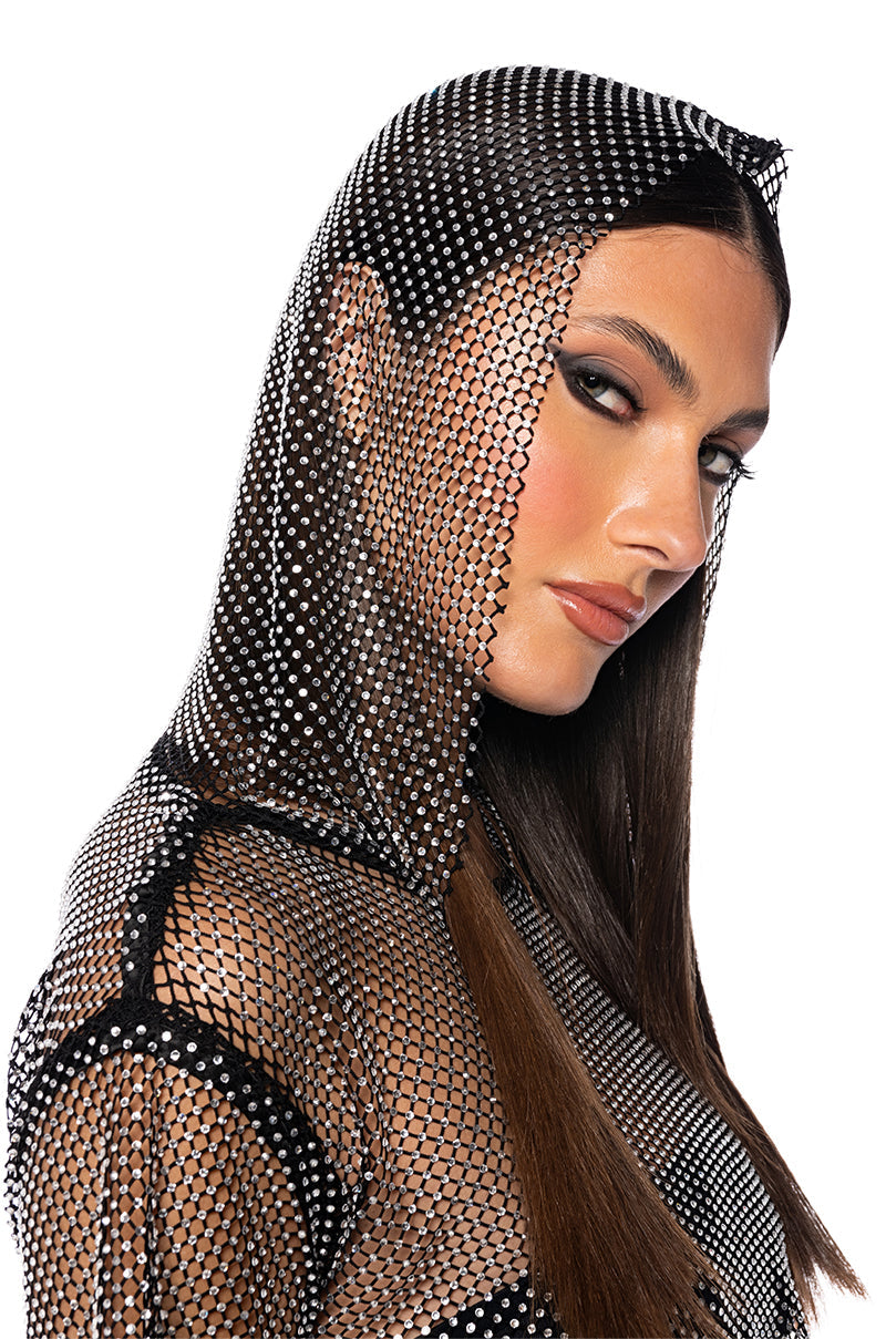 NORTH STAR RHINESTONE MESH HOODED CROP TOP