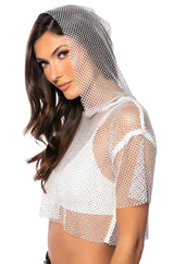NORTH STAR RHINESTONE MESH HOODED CROP TOP IN WHITE