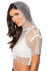NORTH STAR RHINESTONE MESH HOODED CROP TOP IN WHITE