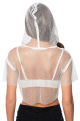 NORTH STAR RHINESTONE MESH HOODED CROP TOP IN WHITE