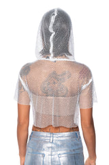 NORTH STAR RHINESTONE MESH HOODED CROP TOP IN WHITE