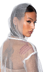 NORTH STAR RHINESTONE MESH HOODED CROP TOP IN WHITE