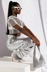 NORTH STAR RHINESTONE MESH HOODED CROP TOP IN WHITE