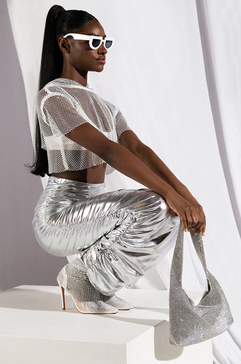 NORTH STAR RHINESTONE MESH HOODED CROP TOP IN WHITE