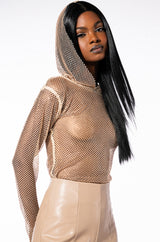 NORTH STAR RHINESTONE MESH HOODED TOP