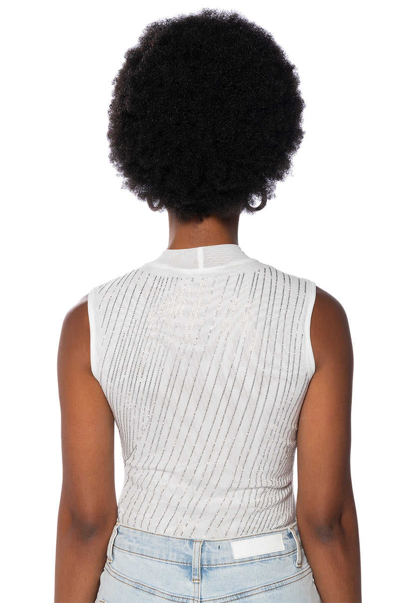 DIAMOND MESH MOCK NECK SLEEVELESS BODYSUIT