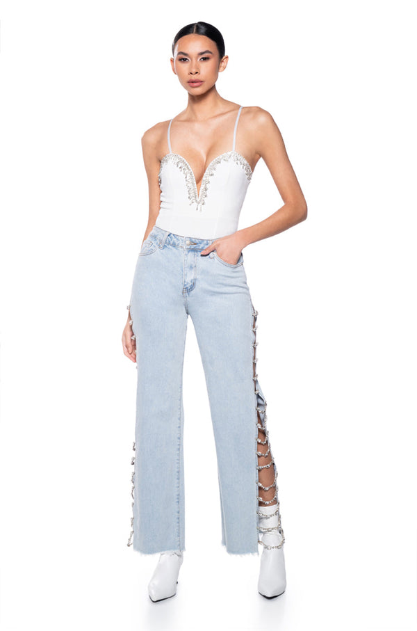 NUMBER ONE EMBELLISHED DEEP V BODYSUIT