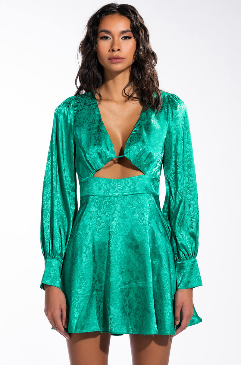 OCEAN DRIVE LONG SLEEVE CUTOUT SATIN MINI DRESS