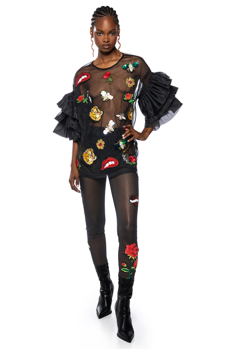 OH WOW RUFFLED SLEEVE PATCH DETAIL OVERSIZED SHIRT