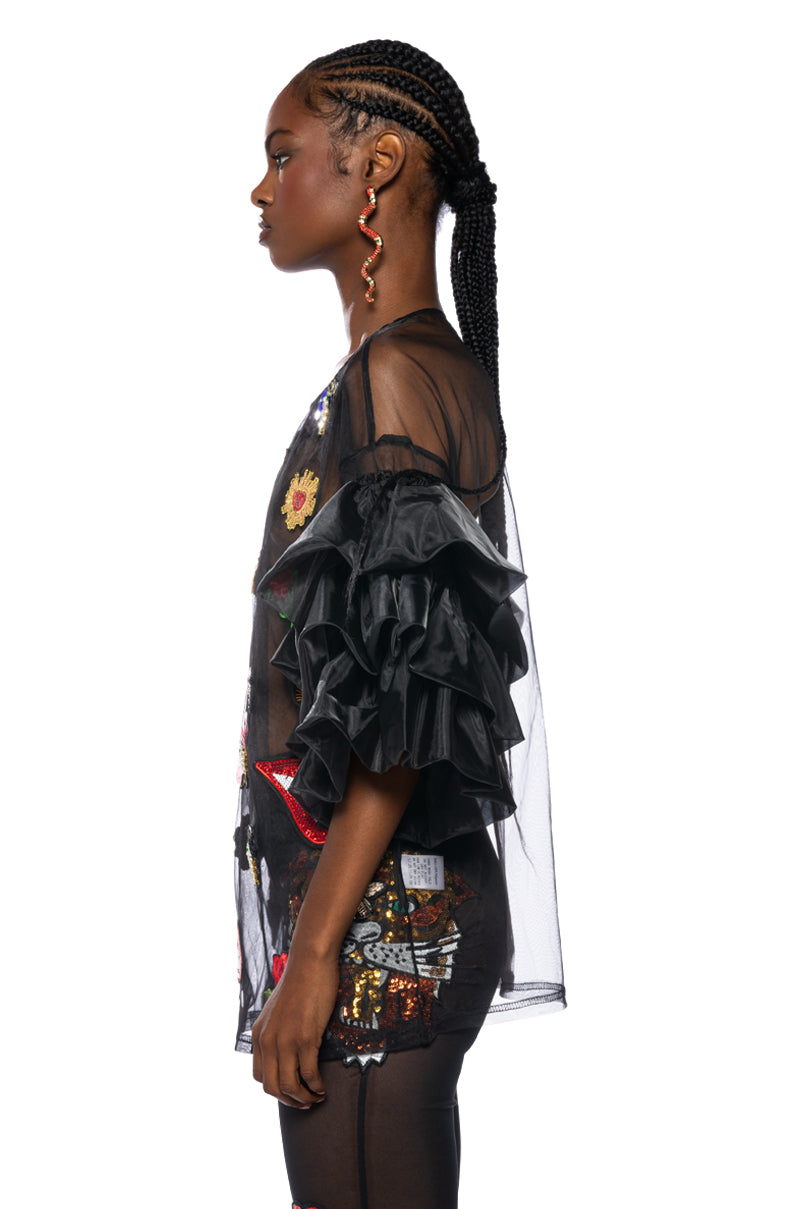 OH WOW RUFFLED SLEEVE PATCH DETAIL OVERSIZED SHIRT