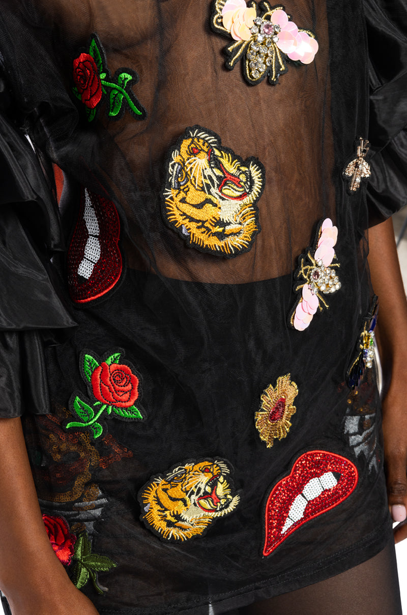 OH WOW RUFFLED SLEEVE PATCH DETAIL OVERSIZED SHIRT