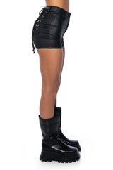 ON-DUTY VEGAN LEATHER LACE UP SHORTS