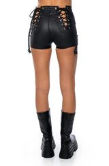 ON-DUTY VEGAN LEATHER LACE UP SHORTS