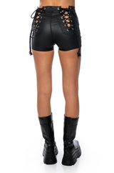 ON-DUTY VEGAN LEATHER LACE UP SHORTS