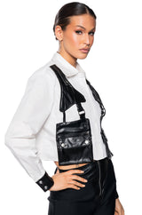 ON DUTY FAUX LEATHER POCKET DETAIL POPLIN SHIRT