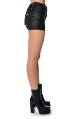ON-DUTY VEGAN LEATHER LACE UP SHORTS