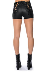 ON-DUTY VEGAN LEATHER LACE UP SHORTS