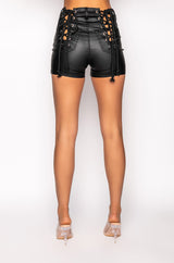 ON-DUTY VEGAN LEATHER LACE UP SHORTS