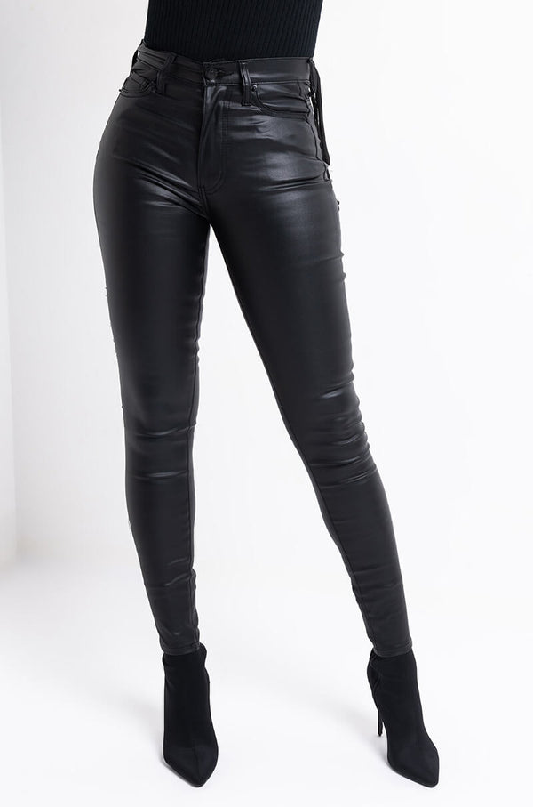ON DUTY FAUX LEATHER LACE UP SKINNY PANTS WITH 4 WAY STRETCH
