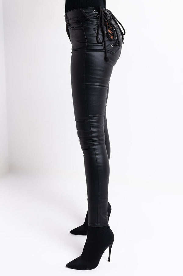 ON DUTY FAUX LEATHER LACE UP SKINNY PANTS WITH 4 WAY STRETCH