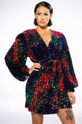 ON MY TIME SEQUIN WRAP MINI DRESS