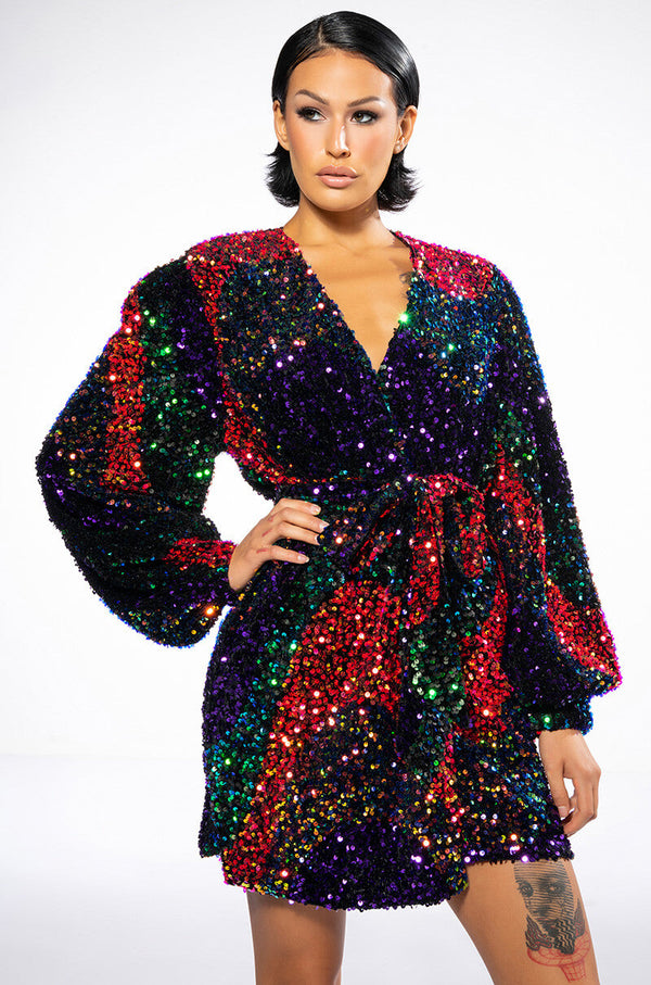 ON MY TIME SEQUIN WRAP MINI DRESS