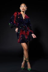 ON MY TIME SEQUIN WRAP MINI DRESS
