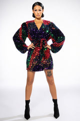 ON MY TIME SEQUIN WRAP MINI DRESS