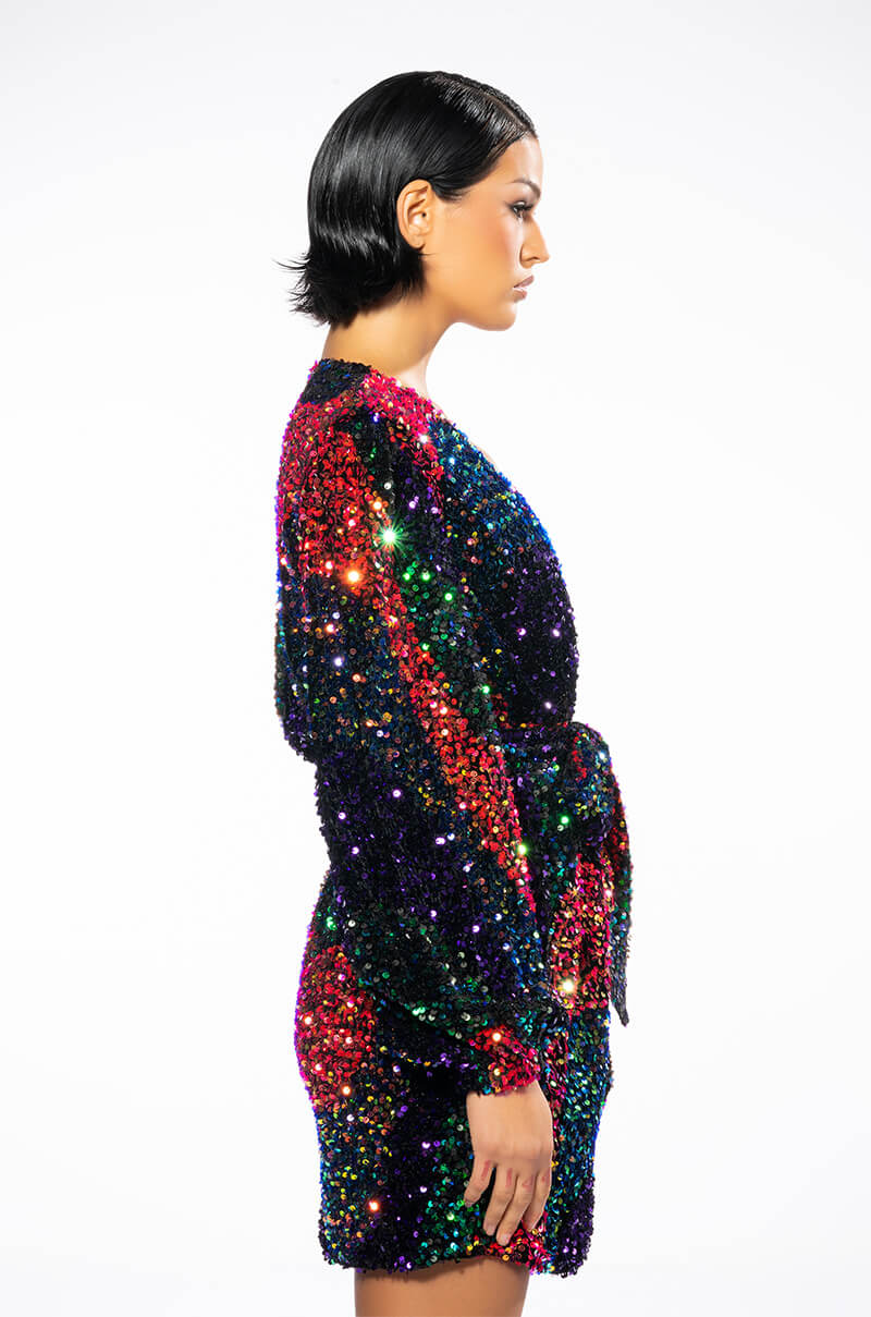 ON MY TIME SEQUIN WRAP MINI DRESS