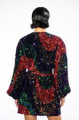 ON MY TIME SEQUIN WRAP MINI DRESS