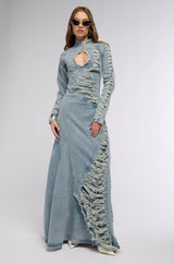 ON THE EDGE DISTRESSED DENIM MAXI DRESS