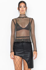 ON THE RISE MOCK NECK LONG SLEEVE RHINESTONE MESH BLOUSE