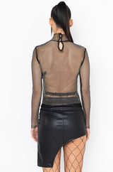 ON THE RISE MOCK NECK LONG SLEEVE RHINESTONE MESH BLOUSE