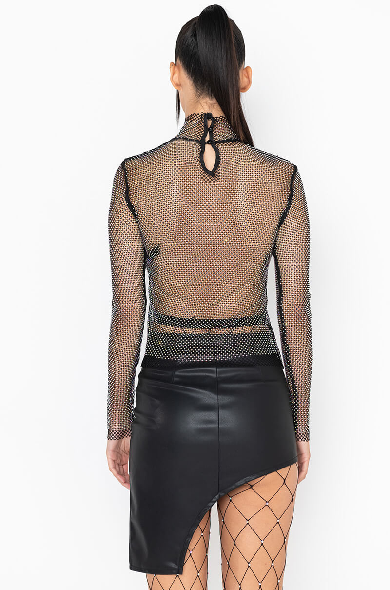 ON THE RISE MOCK NECK LONG SLEEVE RHINESTONE MESH BLOUSE