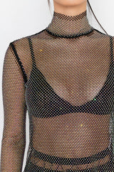ON THE RISE MOCK NECK LONG SLEEVE RHINESTONE MESH BLOUSE