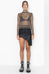 ON THE RISE MOCK NECK LONG SLEEVE RHINESTONE MESH BLOUSE