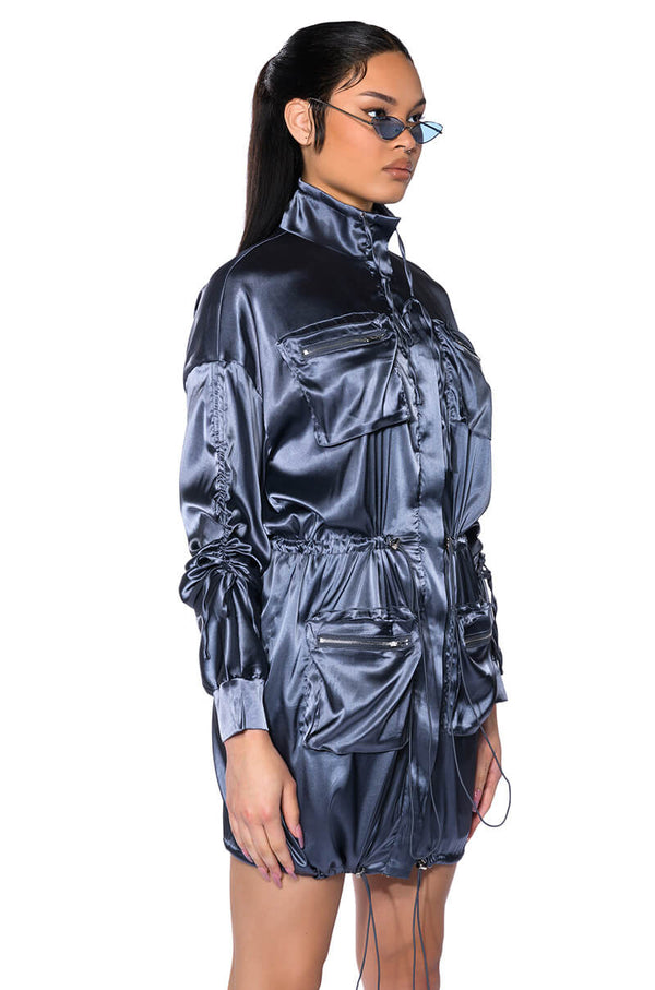 ON THE ROAD SATIN UTILITY MINI DRESS