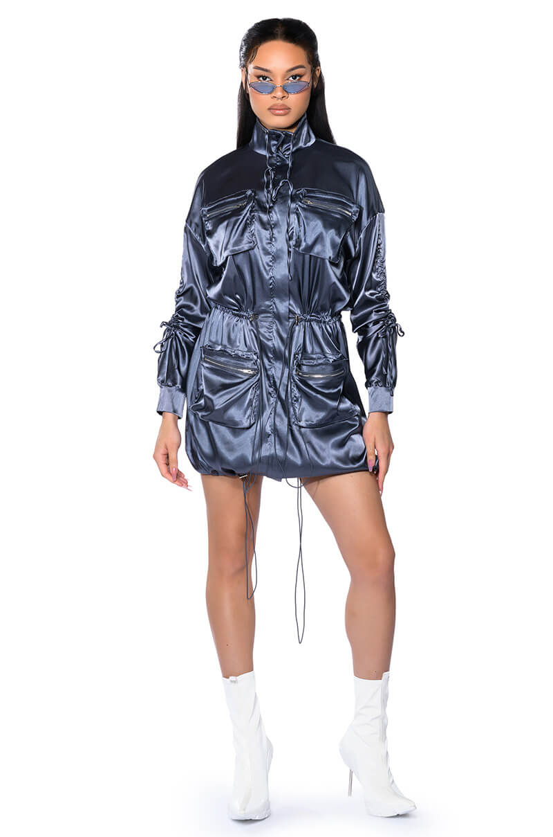 ON THE ROAD SATIN UTILITY MINI DRESS