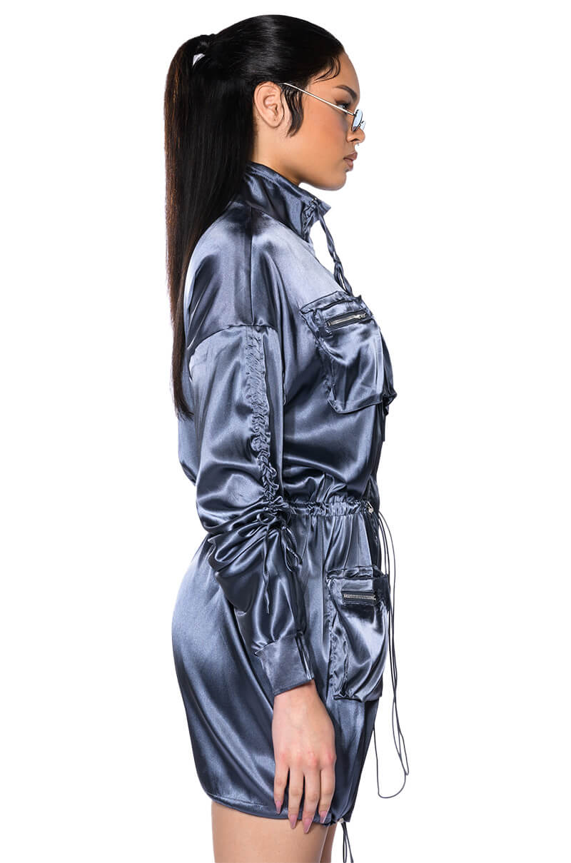 ON THE ROAD SATIN UTILITY MINI DRESS