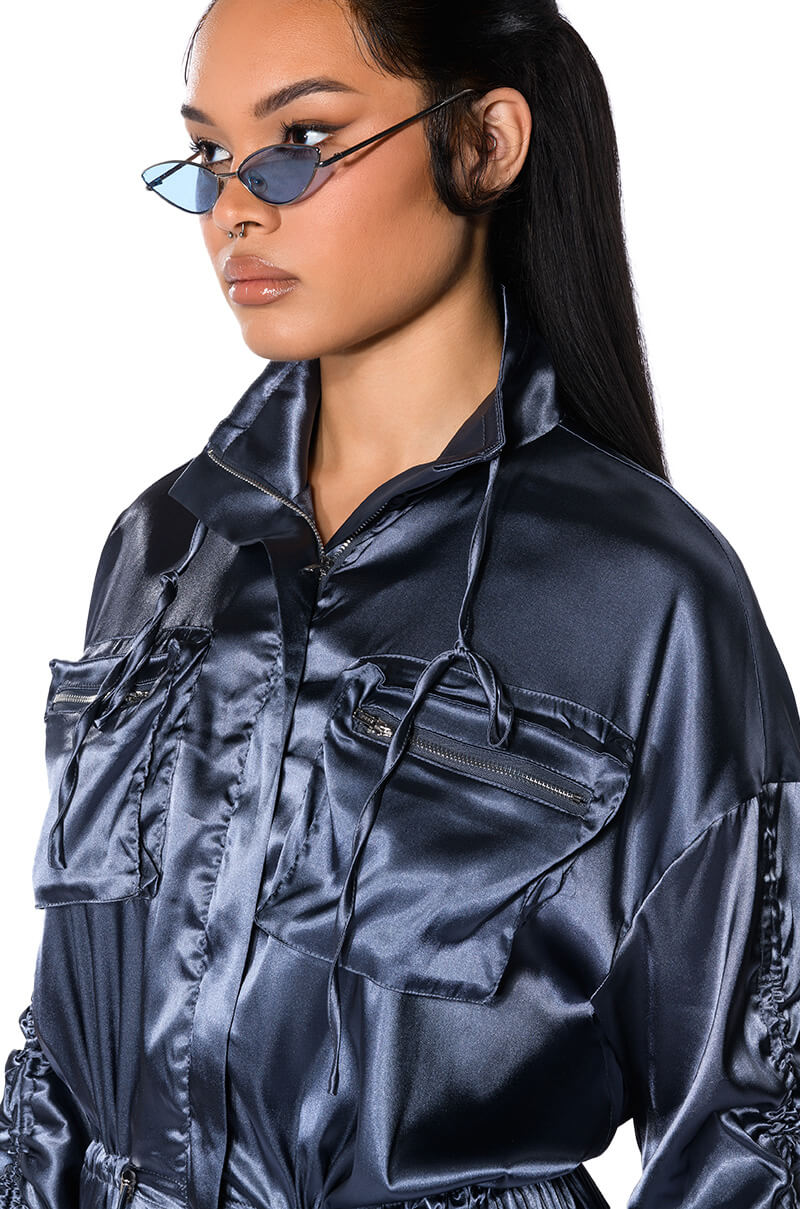ON THE ROAD SATIN UTILITY MINI DRESS