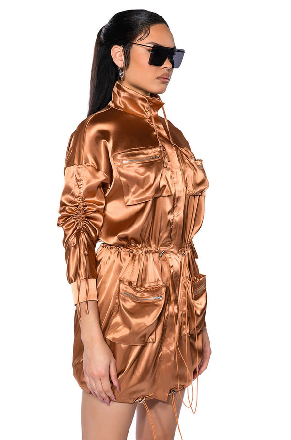 ON THE ROAD SATIN UTILITY MINI DRESS