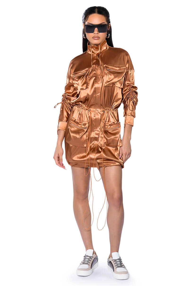 ON THE ROAD SATIN UTILITY MINI DRESS