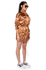 ON THE ROAD SATIN UTILITY MINI DRESS