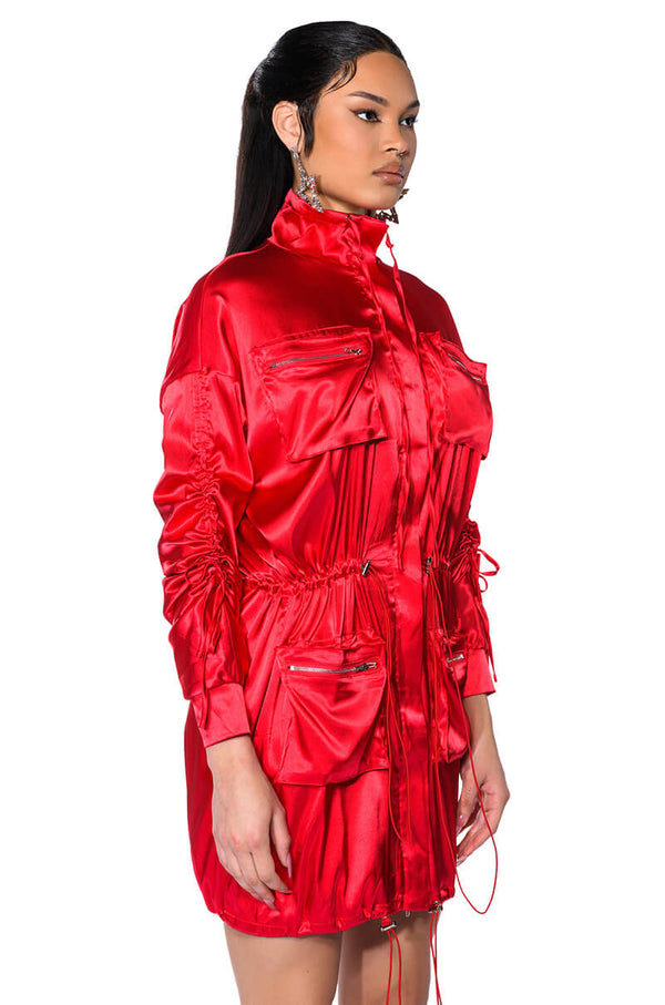 ON THE ROAD SATIN UTILITY MINI DRESS