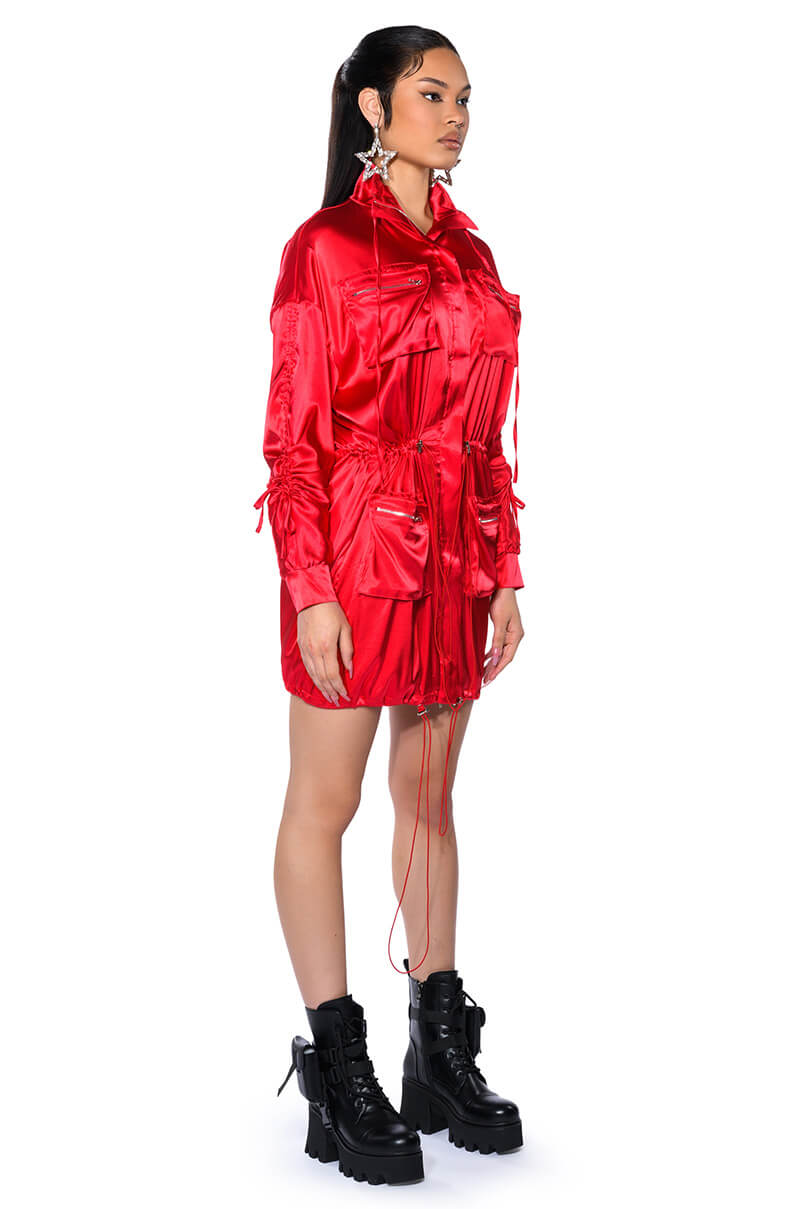 ON THE ROAD SATIN UTILITY MINI DRESS