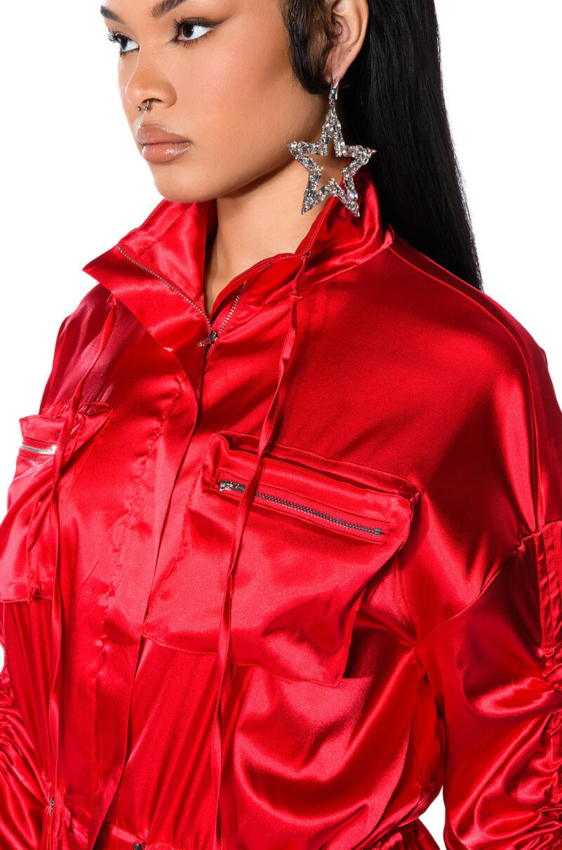 ON THE ROAD SATIN UTILITY MINI DRESS