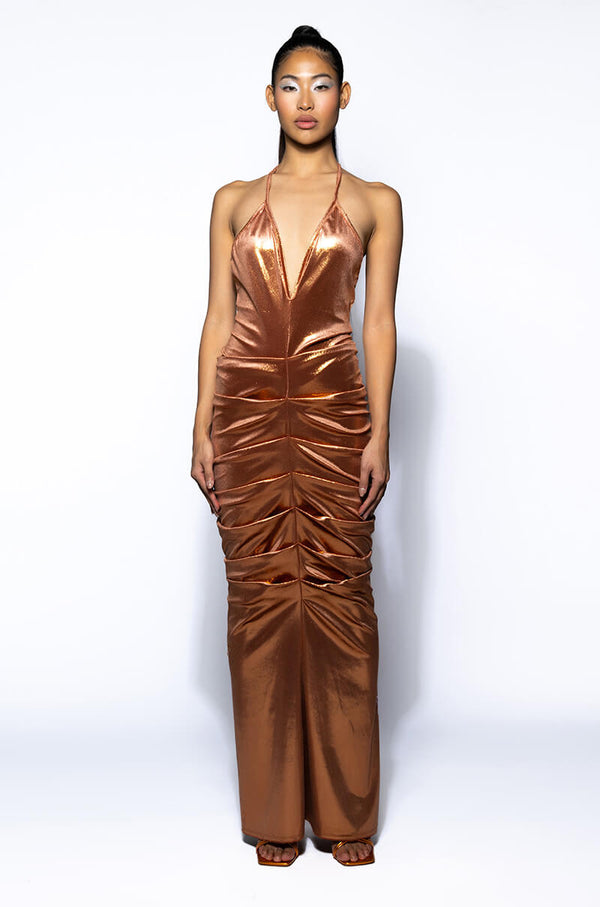 ONE NIGHT ONLY RUCHED METALLIC MAXI DRESS